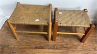 2 footstools with woven tops, one is oak, the