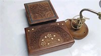 Wood carved box lot and light
