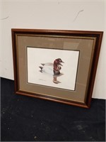 Framed matted signed dated picture of ducks 17 x