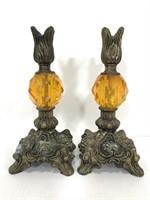 Pair of brass colored orange bead candlesticks