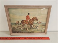 Framed Man on Horse w Dog Hunting Scene