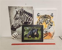 (3) Pictures including Zebra, Tiger & Bear
