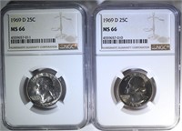 2-1969-D WASHINGTON QUARTERS, NGC MS-66