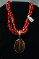 Vintage Red Beaded Necklace W/ Tiger's Eye Style