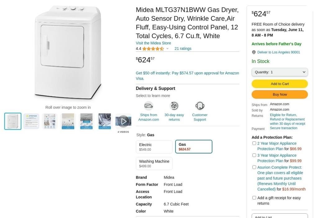 W5261  Midea Gas Dryer 6.7 Cu.ft. White