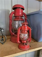2 vintage oil lanterns, 1 converted to solar