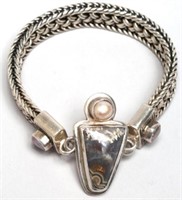 Silver Braid, Pearl, & Agate Bracelet