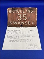 Swansea 1937 Bicycle License Plate