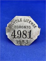 Toronto 1933 Bicycle License Tag