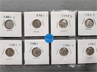 8 Roosevelt dimes; 1960d-1964d.  Buyer must confir