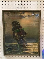 Vintage print of a sailing ship framed under