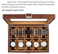 Watch Box, 10 Slot Watch Case with Real Glass Lid