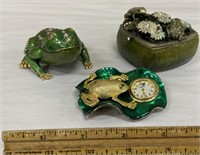 Enameled frog trinket boxes & Elgin clock
