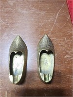 Two Vintage Etched Brass Slipper Personal Ashtrays