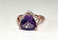 Sterling Trillion Amethyst/CZ Ring 3 Grams Size 9