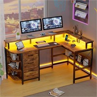 L Shape Desk w/ LED lights  USB  Drawers 67 Brown