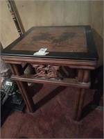Wood end table with oriental war scene, 17 x 17 x