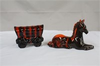Vintage orange pottery, covered wagon coin bank,