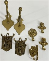 8 Antique / Vintage Brass Wall Hooks