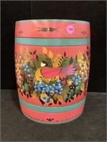 Hand painted wood barrel. Does not open. 11in x