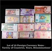 Lot of 25 Foreign Currency Notes - Variety of Coun