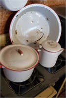 Enamelware cookware set, wash tub, pot, percolator