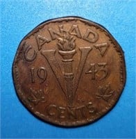 1943 Tombac Canada WW2 copper nickle 5 cents