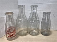 4 Vintage Quart / Pint Glass Milk Bottles - City