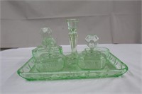 Vintage green glass art deco dressing table set,