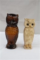 Owls, amber glass 10.75" decanter and 9.5" vase