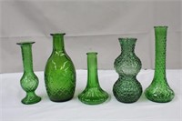 Green glass vases, 9 down to 6"H