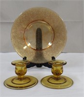 Amber glass, 2.5"H candle sticks and 8" plate