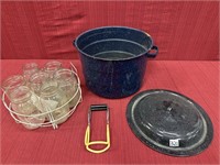 Enamel Canner with 10 Jars, Rack, and Jar Lifter