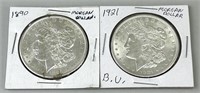 1890 & 1921 Morgan Silver Dollars.