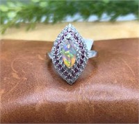 Opal, Pink & White CZ Rhodium Over Sterling Ring