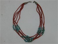 Vtg Southwest Beaded Turquoise Coral Necklace