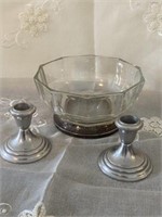 Pewter Candle Holders & Crystal Bowl