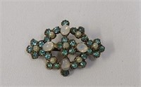 Vintage Faux Opal, Pearl & Blue Rhinestone Brooch