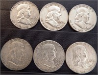(6) Franklin Silver Half Dollars - Coin