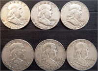 (6) Franklin Silver Half Dollars - Coins