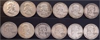 (12) Franklin Silver Half Dollars - Coins