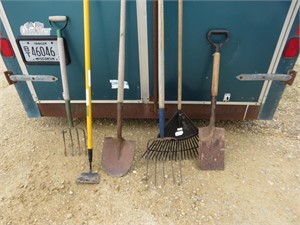 Garden tools,- shovels, rake, spade, hoe, forks.