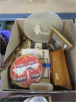 LOT OF POKER CHIPS, PLATES, WOOD BOX AND MORE