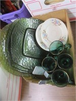 LOT OF GREEN CUPS AND PLATES AND PORCELAIN