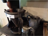Antique juicer, syrup bottle, small metal pitcher