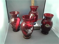 4 Anchor Hocking ruby red glass vases