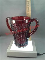 Heavy red glass 2-handled vase ornate pattern - 6