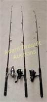 3 assorted 6'6" fishing rods with open face reels