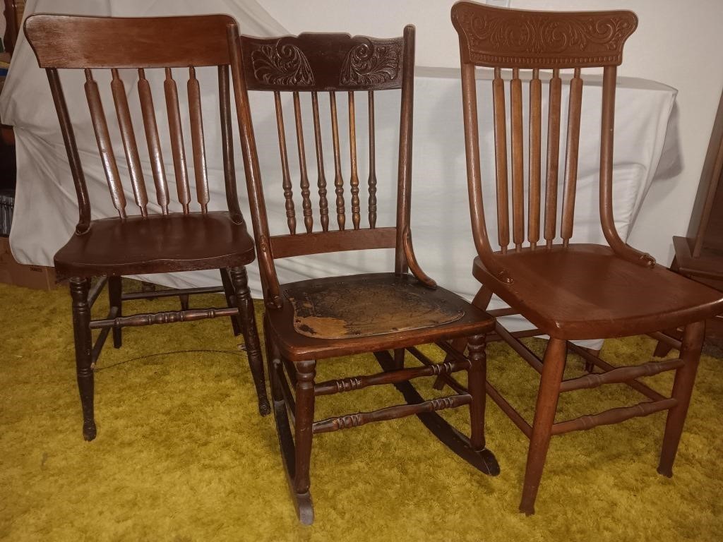 Antique Wood Sewing Rocker, Wood Side Chairs