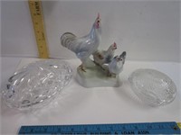 Chicken Figurine (has a hairline) & Crystal Eggs